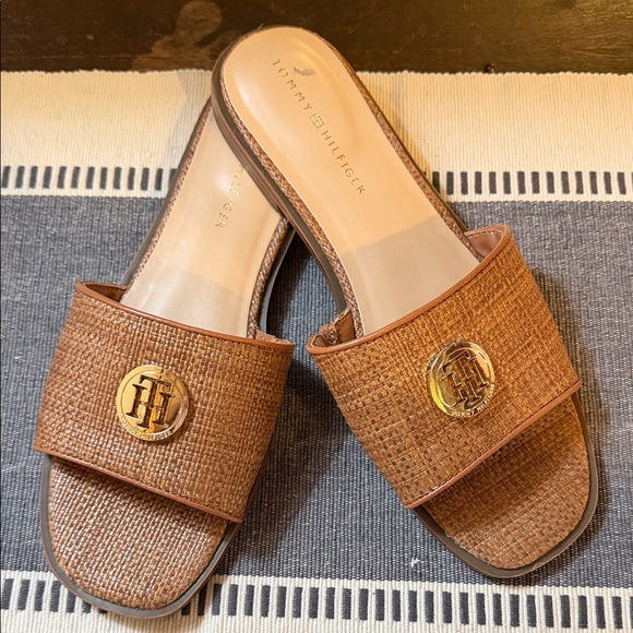 Tommy Hilfiger Shoes - Tommy Hilfiger Brown Woven Slide Mules with Gold Logo Medallion